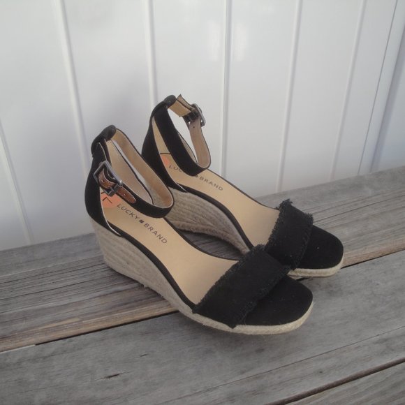 Lucky Brand Wedge Espadrilles Black with frayed edge Ankle Strap 7M - Picture 1 of 6
